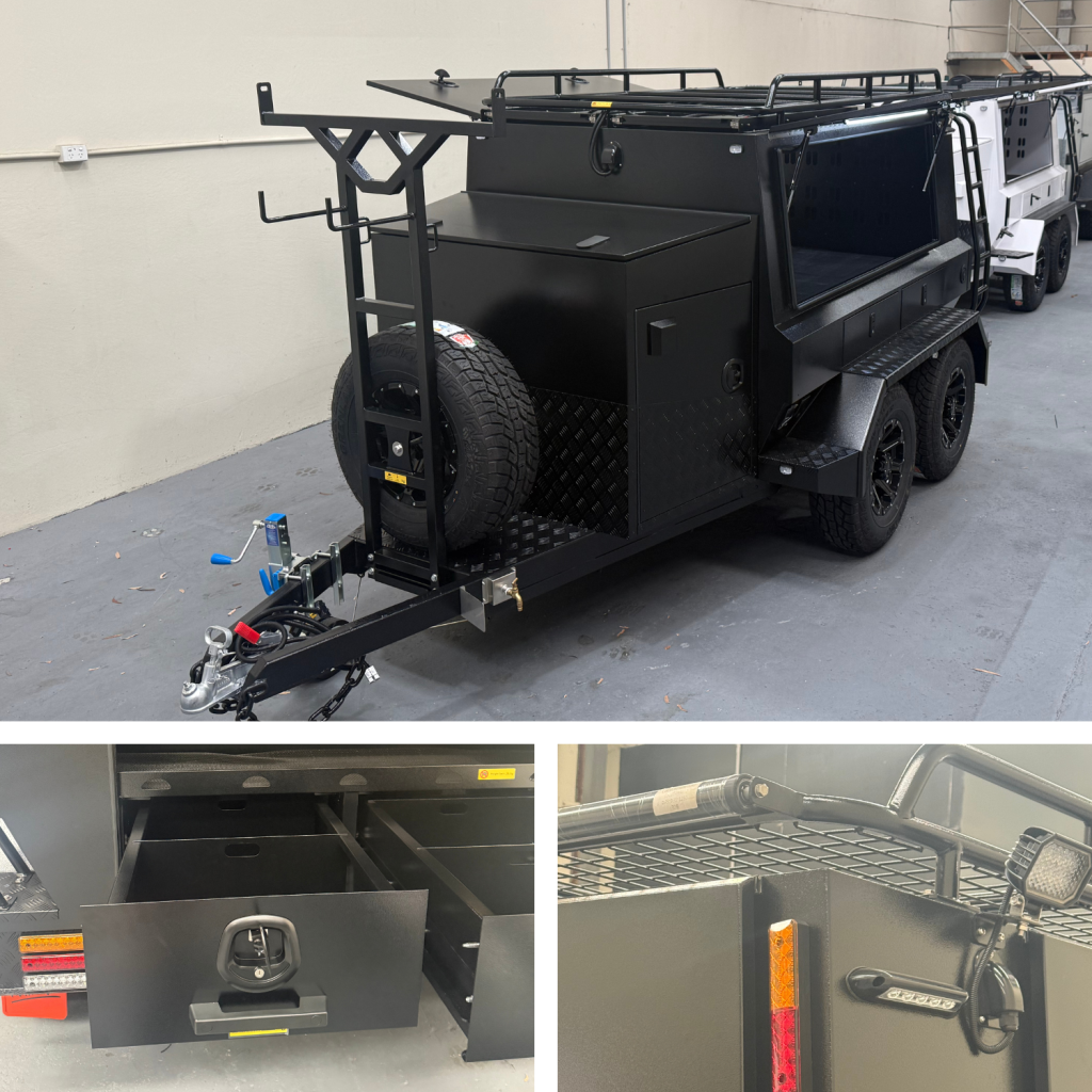 8x5 Tandem Builders Trailer Black TT85BV1 - drawbar and jockey wheel, rear drawer and roof cage detail